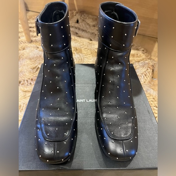 SAINT LAURENT | YSL Black Studded Leather Ankle Boots - Picture 3 of 11